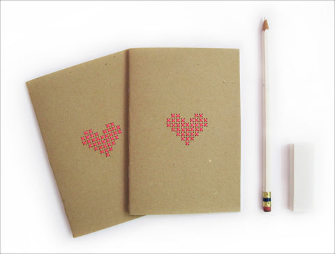 Set of 2 Hand stitched A6 Notebook. Cross stitch Neon Pink Heart