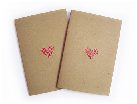 Set of 2 Hand stitched A5 Neon Pink Heart Notebooks