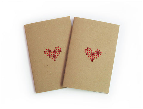 Set of 2 Cross stitch A6 Red Heart Mini Notebook.
