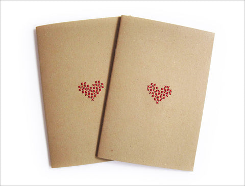 Set of 2 Cross stitch Red Heart Notebooks. Hand stitched A5 notebooks