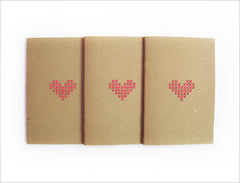 Set of 3 Hand stitched A6 Notebook. Cross stitch Neon Pink Heart