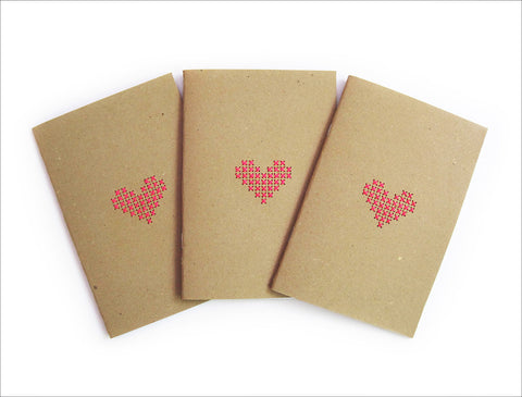 Set of 3 Hand stitched A6 Notebook. Cross stitch Neon Pink Heart