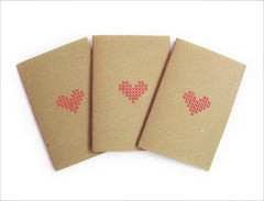 Set of 3 Hand stitched A6 Notebook. Cross stitch Neon Pink Heart