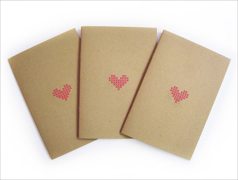 Set of 3 Hand stitched A5 Neon Pink Heart Notebooks