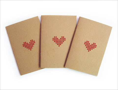 Set of 3 Hand stitched A6 Notebook. Cross stitch Red Heart