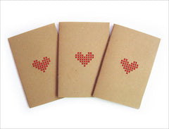 Set of 3 Hand stitched A6 Notebook. Cross stitch Red Heart