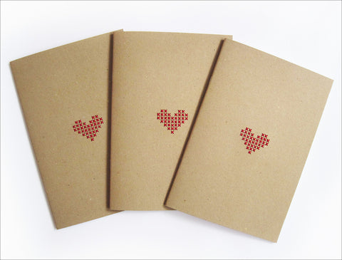 Set of 3 Hand stitched A5 Red Heart Notebooks