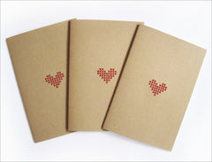 Set of 3 Hand stitched A5 Red Heart Notebooks