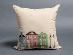 Pompaleh Blue, Pink + Green Dutch Street Scene Decorative Pillow