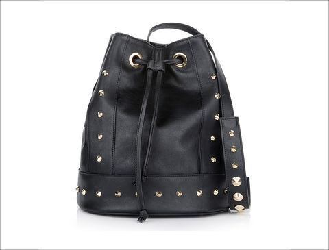 Babette - Black Calf Leather, Gold-Plated Mini Studs