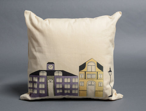Purple + Yellow Dutch Street Scene Decorative Pillow