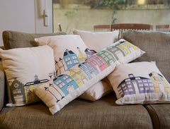 Pompaleh Purple + Yellow Dutch Street Scene Decorative Pillow