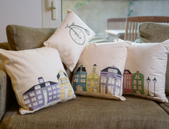 Pompaleh Purple + Yellow Dutch Street Scene Decorative Pillow