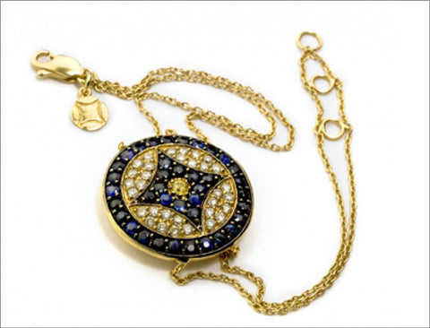 18K Yellow Gold Logo Bracelet with Diamonds and Blue & Yellow Sapphires