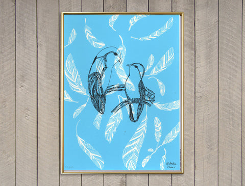 Lovebirds and Blue Feathers Screen Print