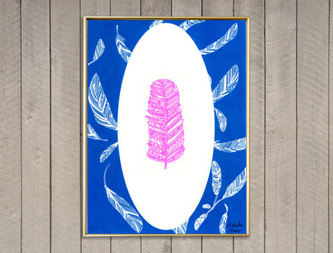 Flash Pink Feather and Blue Background Screen Print